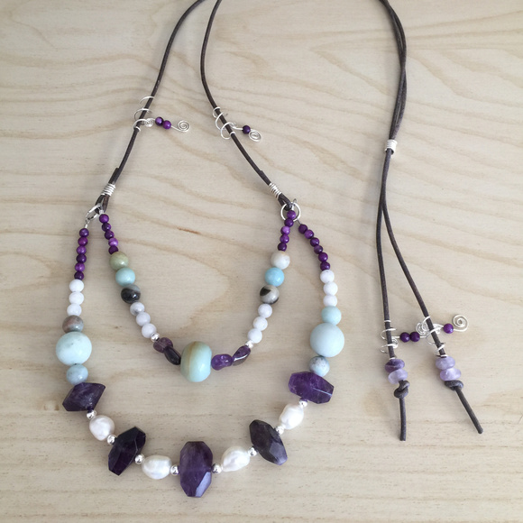 Artisan Jewelry - Amethyst, Pearl, Amazonite, Leather Necklace